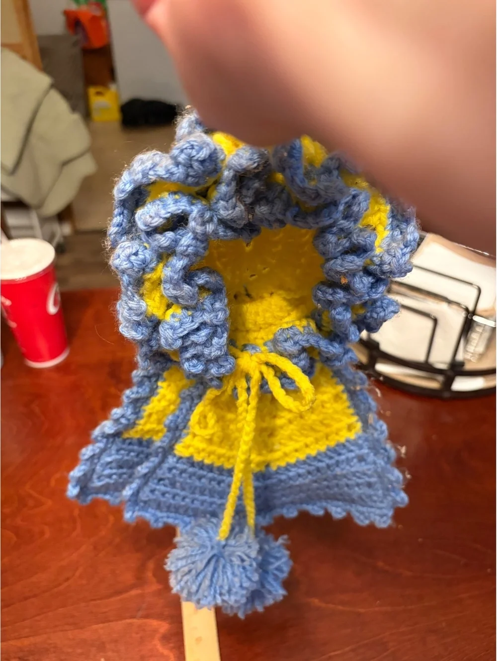 Handcrafted Blue and Yellow Crochet Kitchen Towel with Pom-Pom